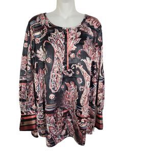 Belle by Kim Gravel Womens Blouse Top Medium Painted Paisley Long Sleeve A367284